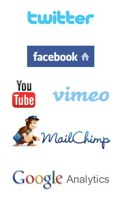 Twitter, YouTube, SEO, Mailchimp, Facebook, Vimeo